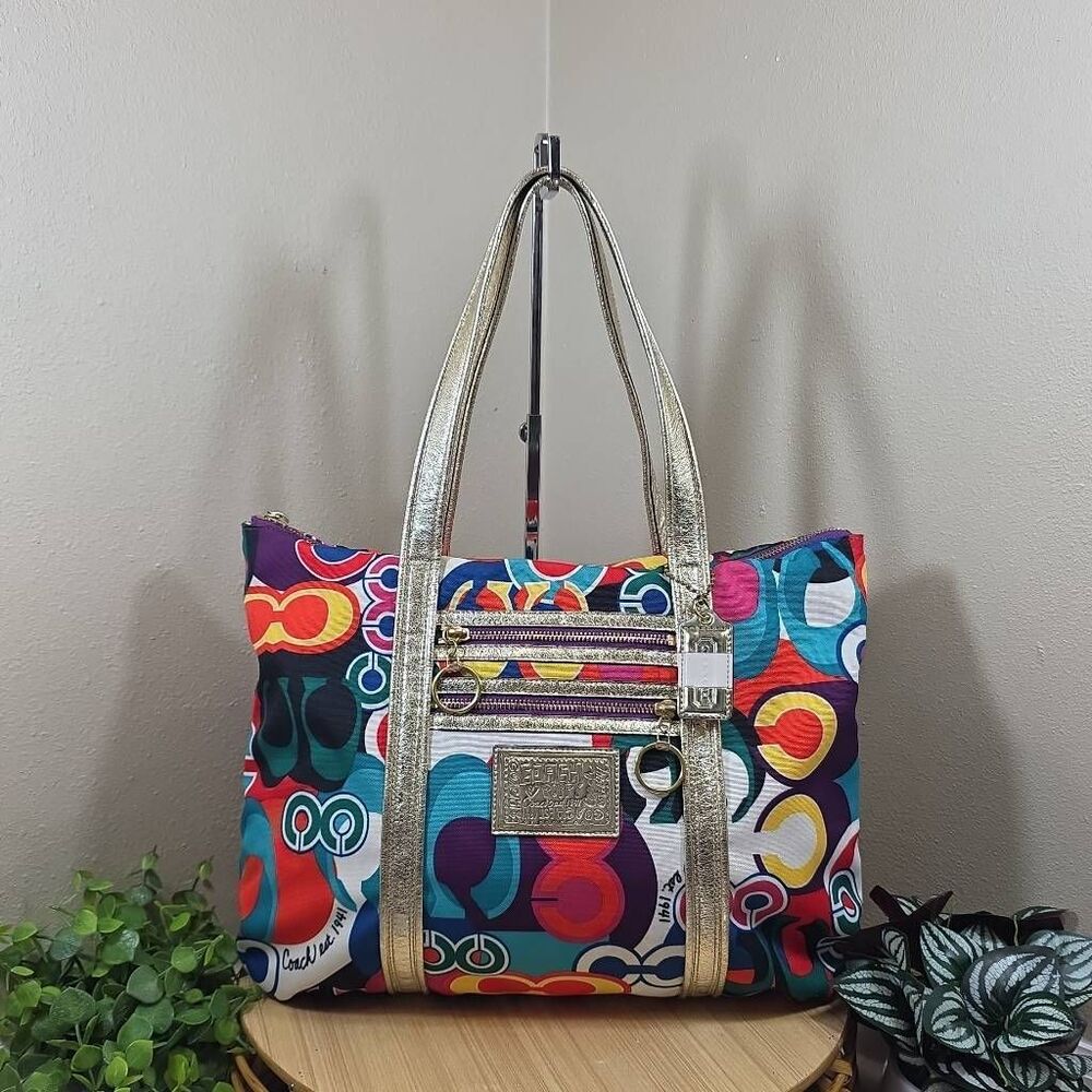 Coach Poppy Glam Tote Op Art Signature Multi-Color Jacquard Shoulder Bag